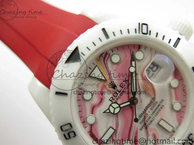 0123 WrinkleFree Submariner 40mm White Ceramic 5GF Best Edition White Red Dial on Red Rubber Strap SA 2485